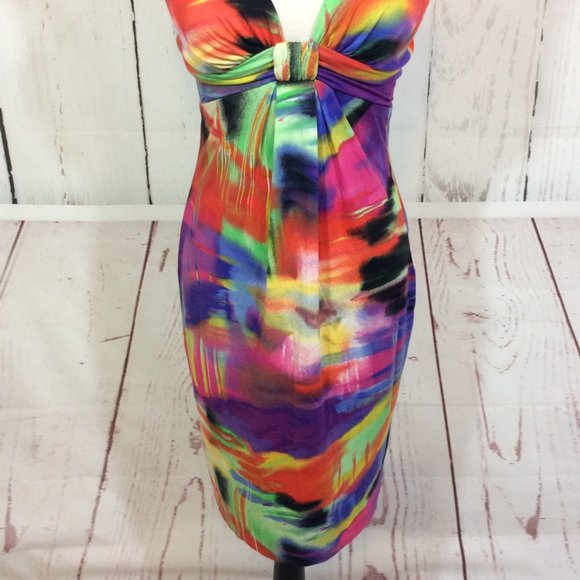NWT Cache Halter Dress Sexy Knit Colorful Plunge Neck Tropical Bodycon Size 10 - Picture 4 of 13